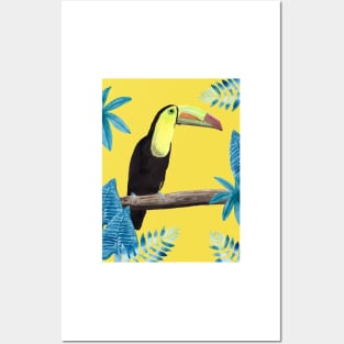 Toucan with tropical leaves and a yellow background Posters and Art